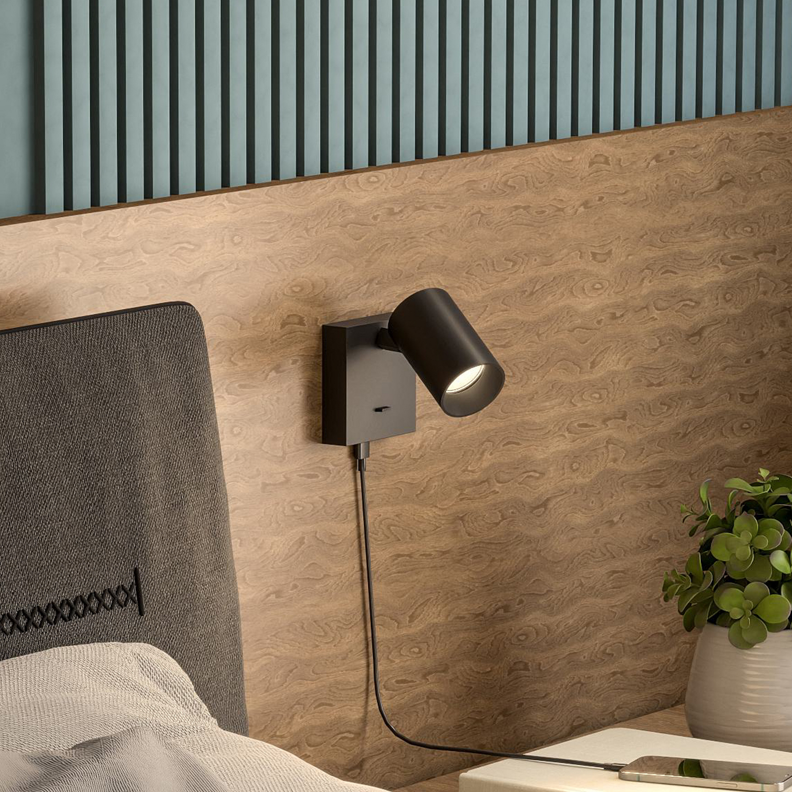 Wall spotlight CAN TILT, black, 10 x 10 cm, metal, switch USB
